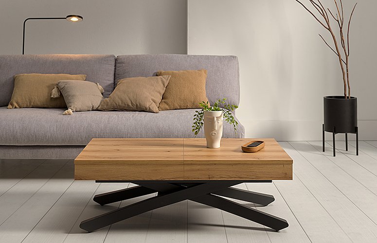 Mesa centro convertible en mesa comedor rectangular color madera